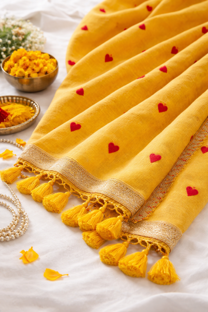 mustard-yellow-linen-saree-red-heart-banner Mustard yellow linen saree with red heart motifs and tassel border styled with festive elements