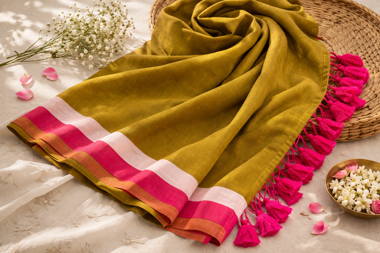 olive-green-linen-saree-pink-border-banner Olive green linen saree with pink border and tassels styled in warm aesthetic setting