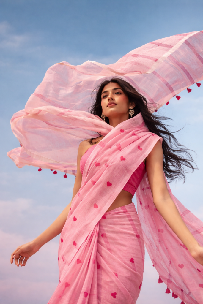 pink-linen-saree-heart-motif-model-banner Woman wearing pink linen saree with red heart motifs flowing in wind against sky